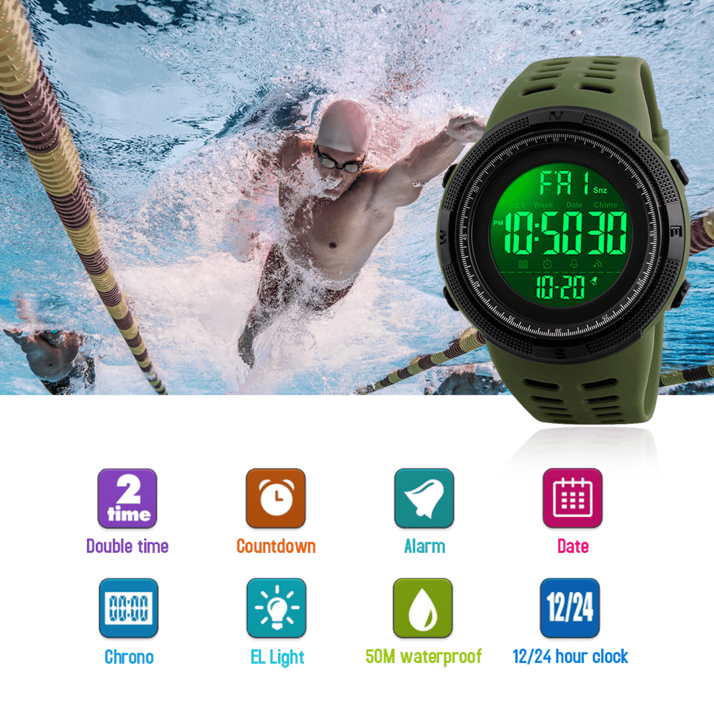 SKMEI Men's Watch Waterproof Digital Sport Watch Military Digital Watches for men Alarm Back Light Classic Large face Watch Army Green