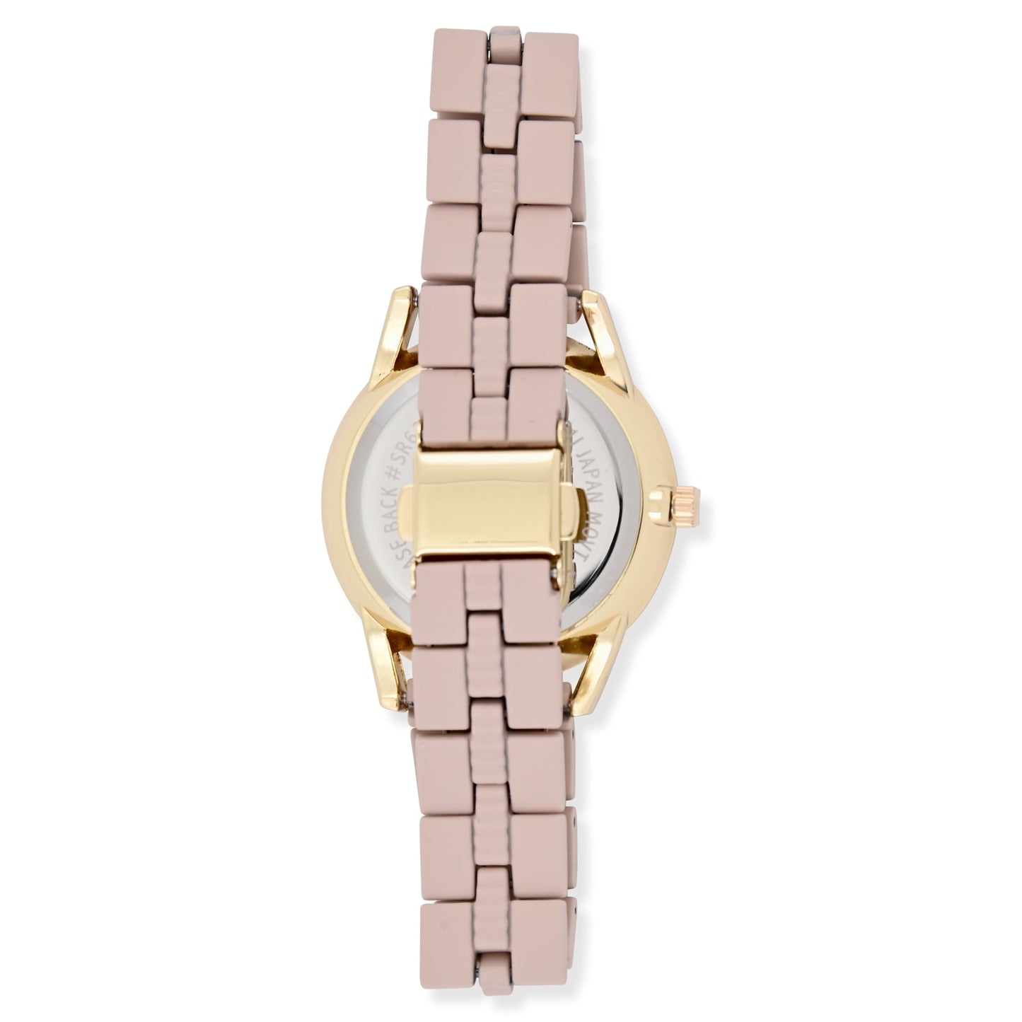 Time and Tru Adult Women's Gold-Tone Round Case Wristwatch with Light Pink Faux Ceramic Link Bracelet.