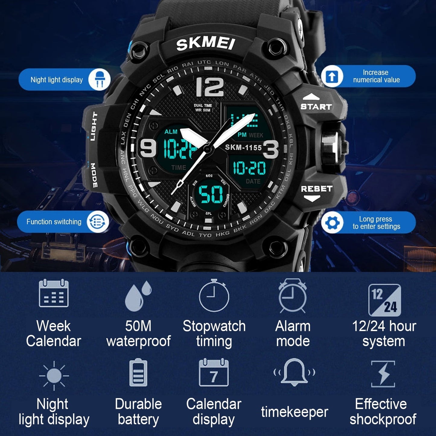 SKMEI Men's Military Watch, Waterproof Watches for Men with Stopwatch Alarm LED Back Light Sports Watch, Black