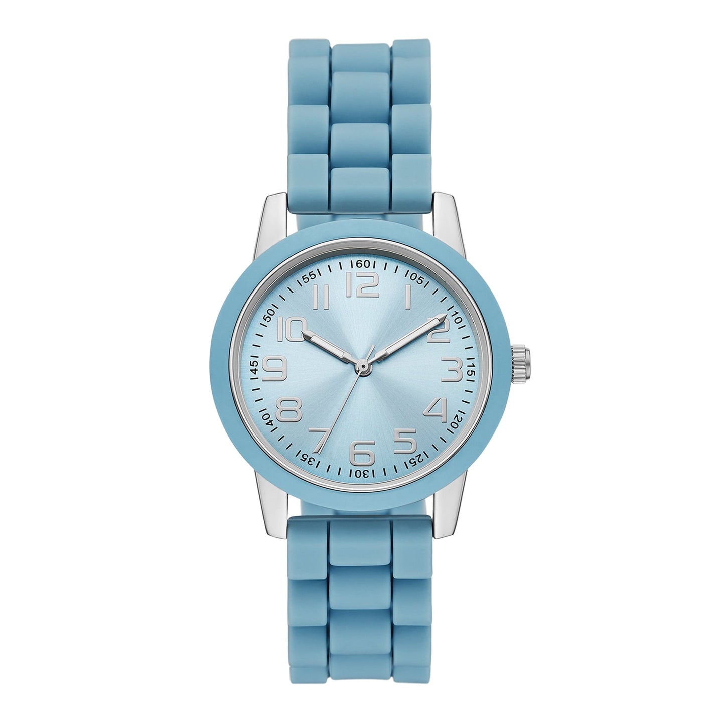 Time and Tru Ladies' Watch with Silver Round Case, Light Blue Bezel, Light Blue Sunray Dial and Light Blue Soft Silicone Strap (FMDOTT107)