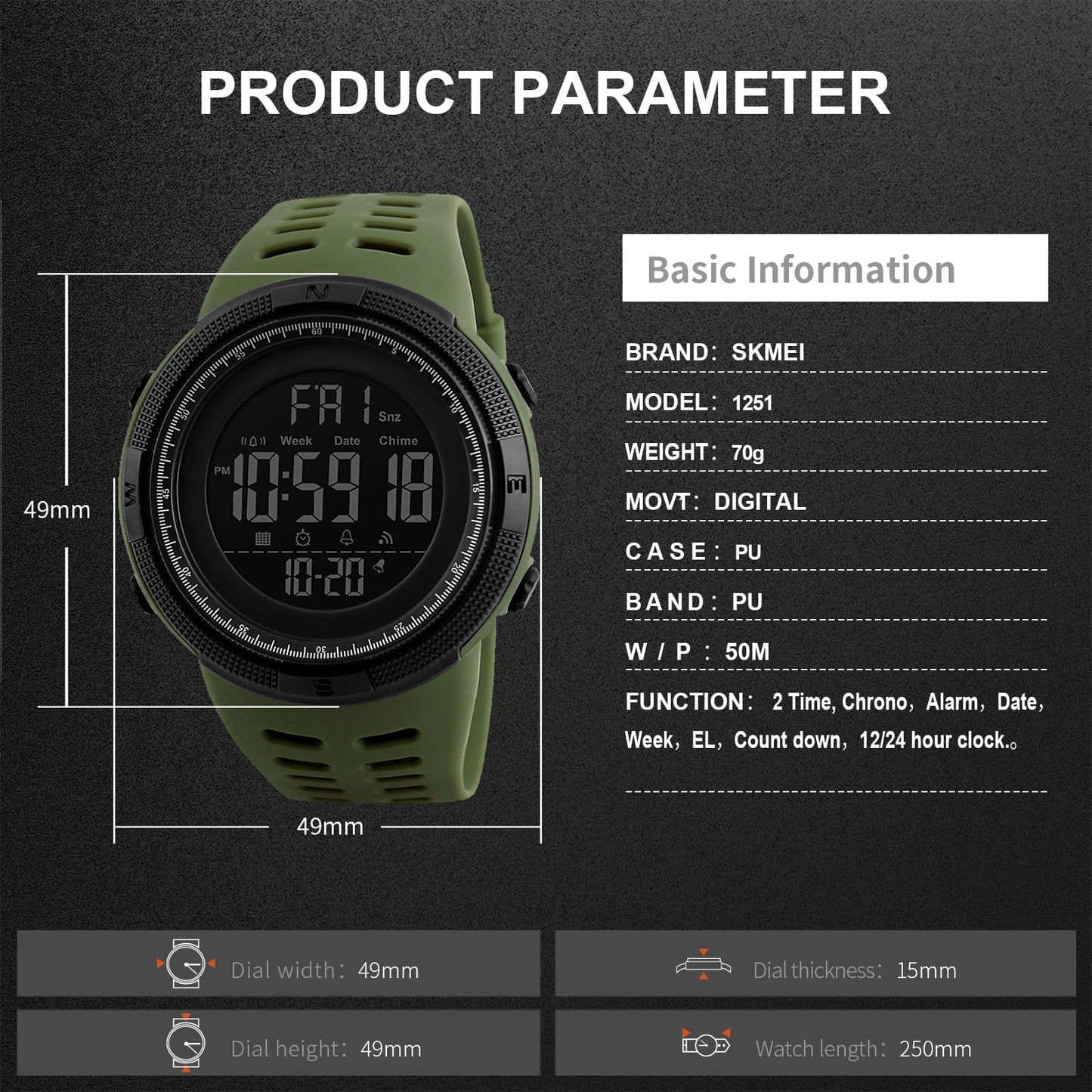 SKMEI Men's Watch Waterproof Digital Sport Watch Military Digital Watches for men Alarm Back Light Classic Large face Watch Army Green