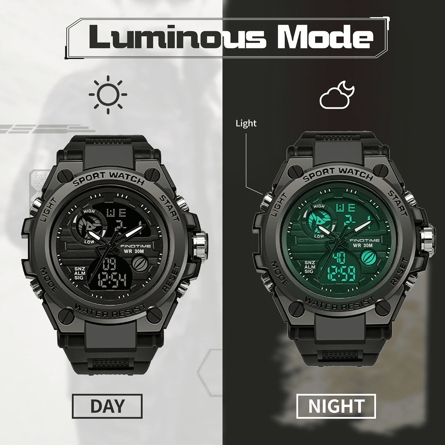 Findtime Men's Military Watch Outdoor Sports Electronic Watch Tactical Army Wristwatch LED Stopwatch Waterproof Digital Analog Watches