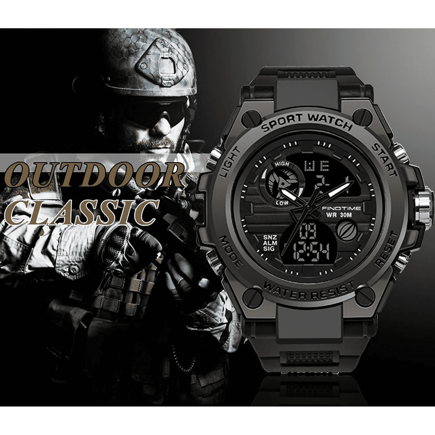Findtime Men's Military Watch Outdoor Sports Electronic Watch Tactical Army Wristwatch LED Stopwatch Waterproof Digital Analog Watches