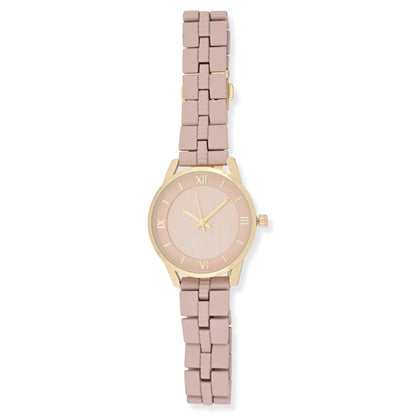 Time and Tru Adult Women's Gold-Tone Round Case Wristwatch with Light Pink Faux Ceramic Link Bracelet.