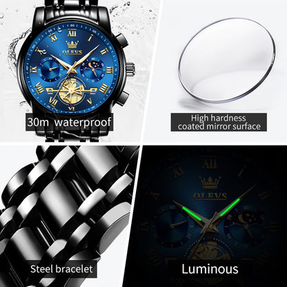 OLEVS Mens Watches Chronograph Business Dress Quartz Stainless Steel Waterproof Luminous Date Wrist Watch For Men Blue Dial