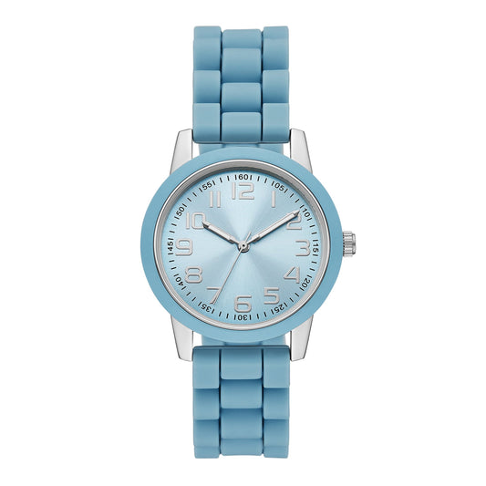 Time and Tru Ladies' Watch with Silver Round Case, Light Blue Bezel, Light Blue Sunray Dial and Light Blue Soft Silicone Strap (FMDOTT107)