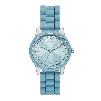 Time and Tru Ladies' Watch with Silver Round Case, Light Blue Bezel, Light Blue Sunray Dial and Light Blue Soft Silicone Strap (FMDOTT107)