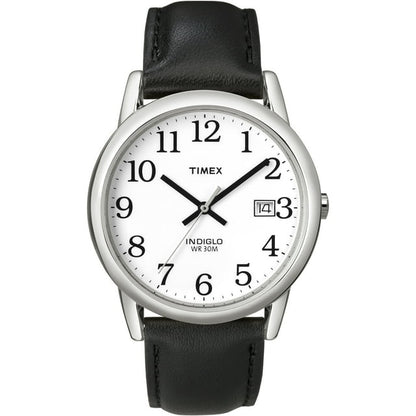 Timex Men's Easy Reader Date Black/Silver/White 35mm Casual Watch, Leather Strap