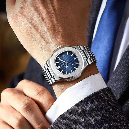 POEDAGAR New Luxury Rose Gold Quartz Watch for Men Stainless Steel Sports Waterproof Luminous Date Fashion Square Men's Watches